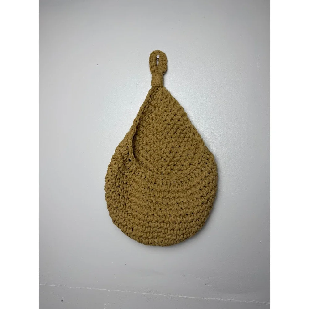 Mustard Yellow Woven Knit Hanging Basket Teardrop Wall Storage Peg Hook Basket